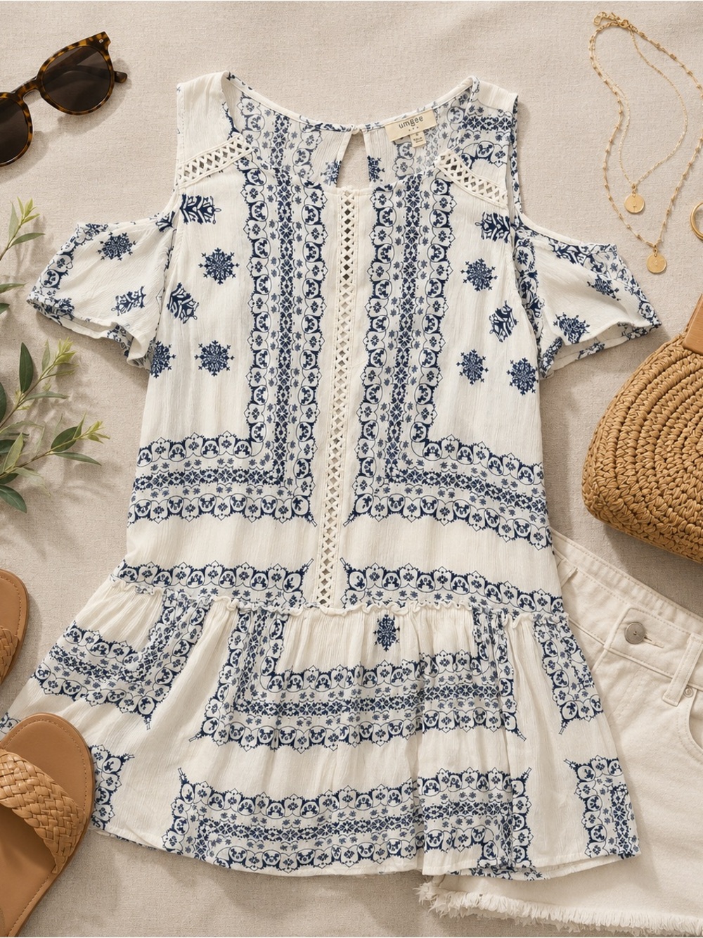 Umgee White Cold Shoulder Top with Navy Floral Print and Crochet Trim